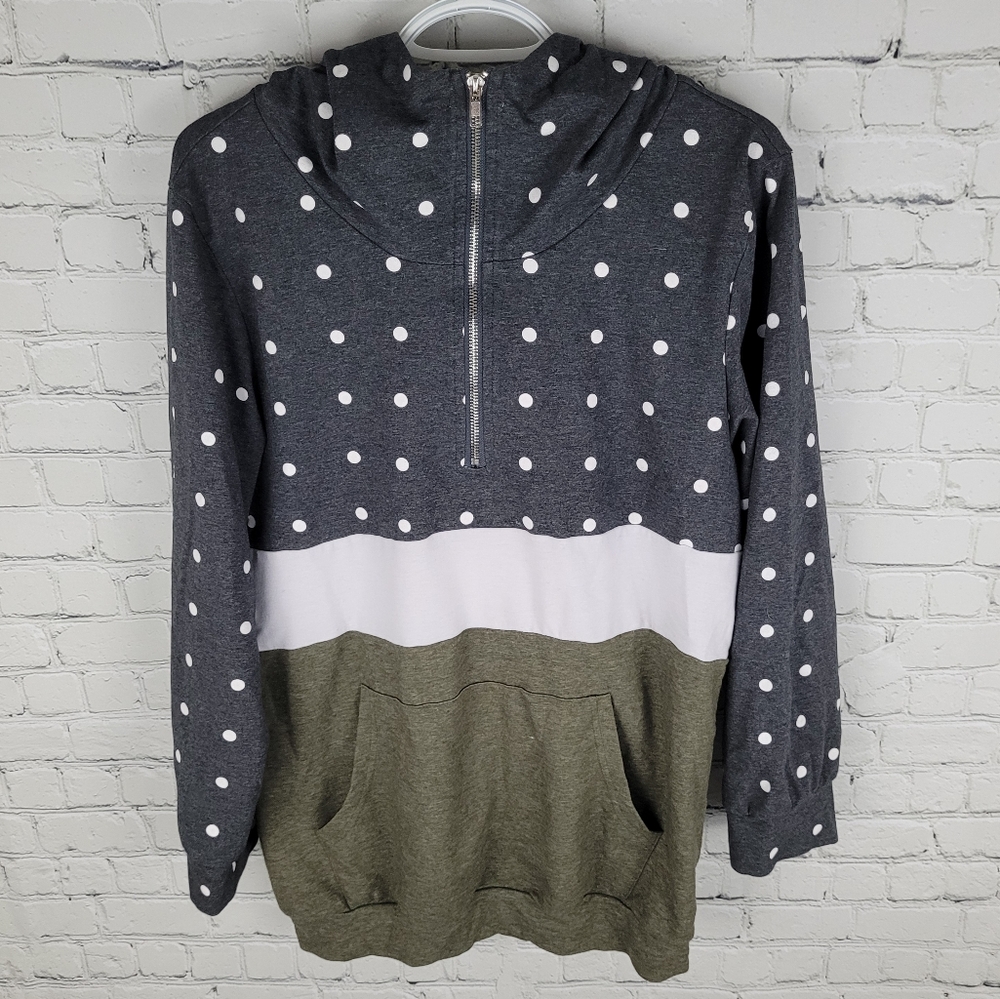DAISY MAE | ⅓ zip polkadot color block high neck kangaroo pocket pullover hoodie